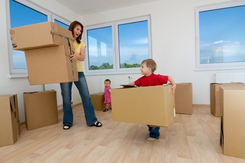 Packed office items ready for a professional commercial move in Ealing